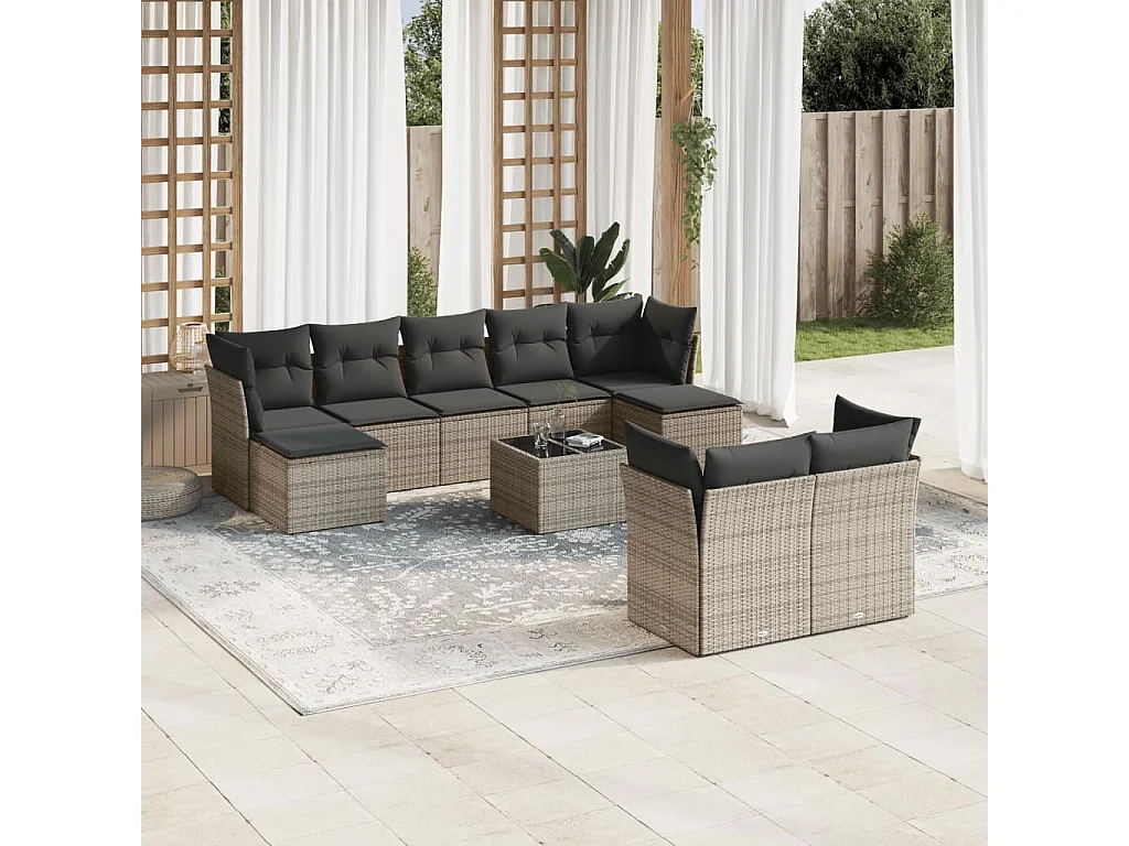 Salon de jardin avec coussins 10 pcs gris résine tressée