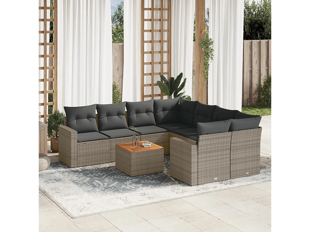 Salon de jardin 9 pcs avec coussins gris résine tressée