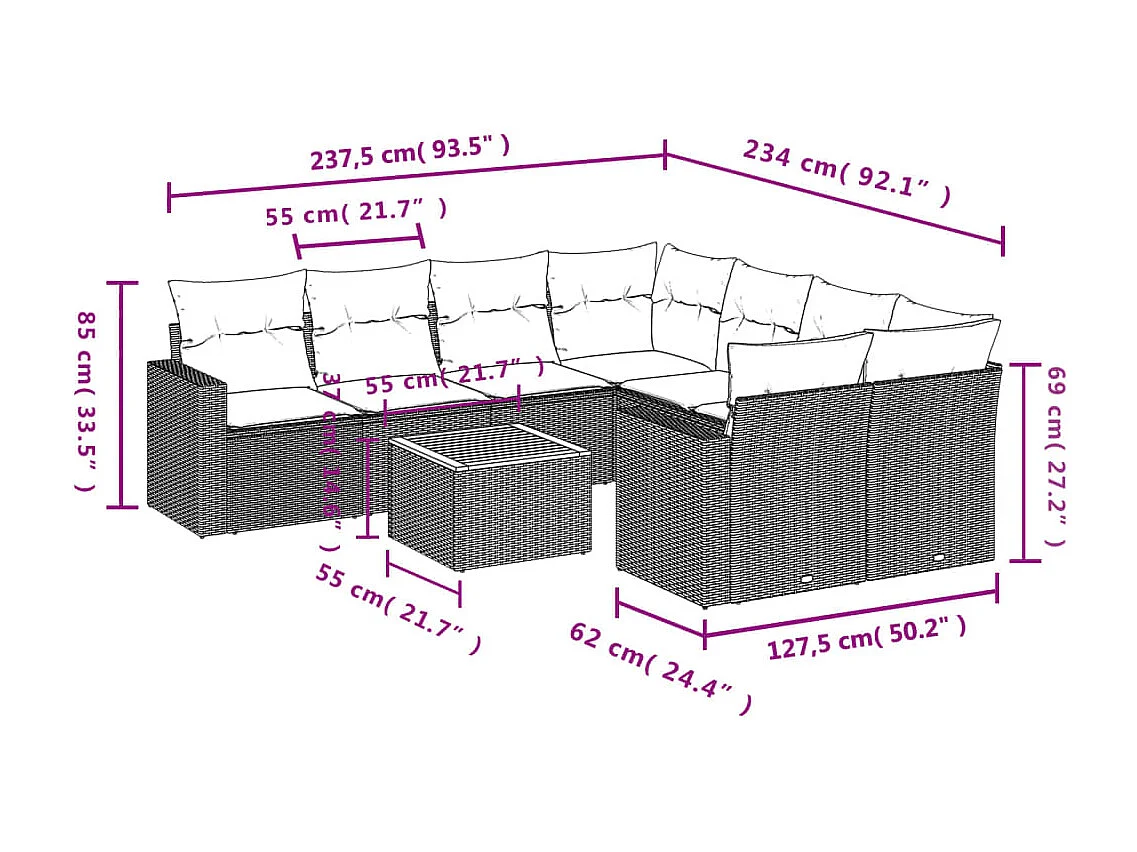 Salon de jardin 9 pcs avec coussins gris résine tressée