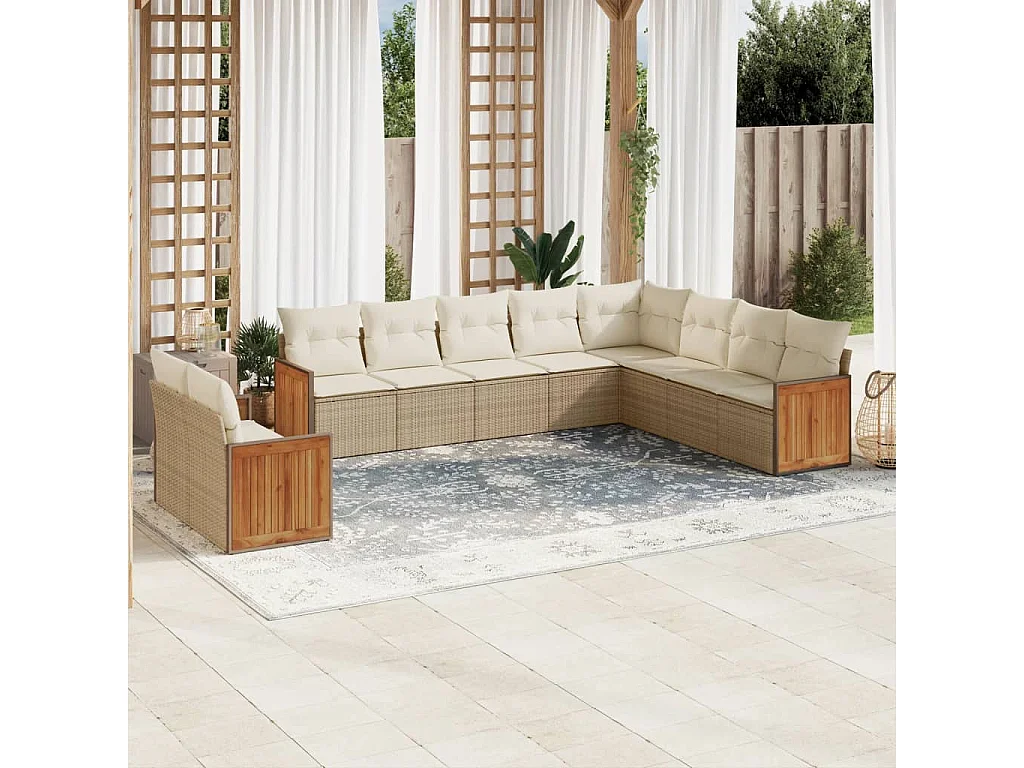 Salon de jardin avec coussins 10 pcs beige résine tressée