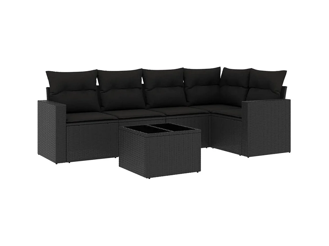 Salon de jardin 6 pcs avec coussins noir résine tressée