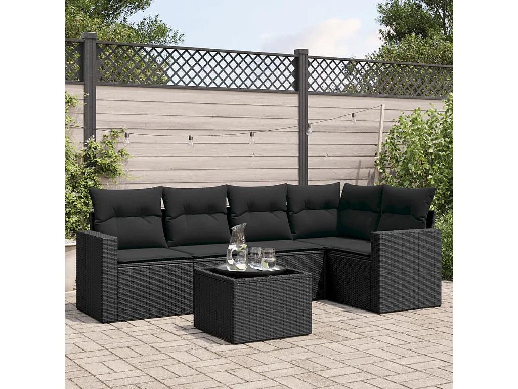 Salon de jardin 6 pcs avec coussins noir résine tressée