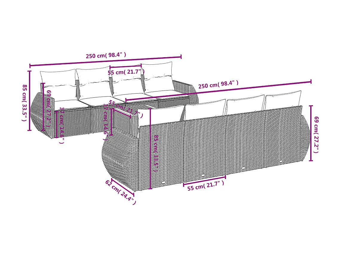 Salon de jardin 9 pcs avec coussins gris résine tressée