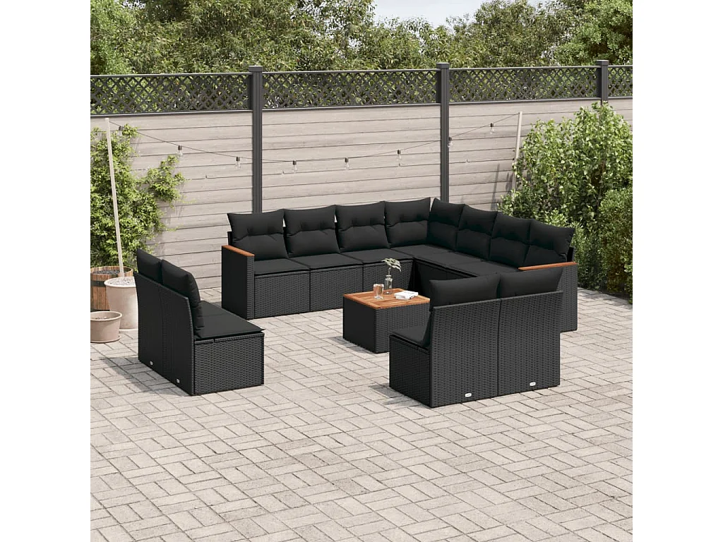 Salon de jardin 12 pcs avec coussins noir résine tressée