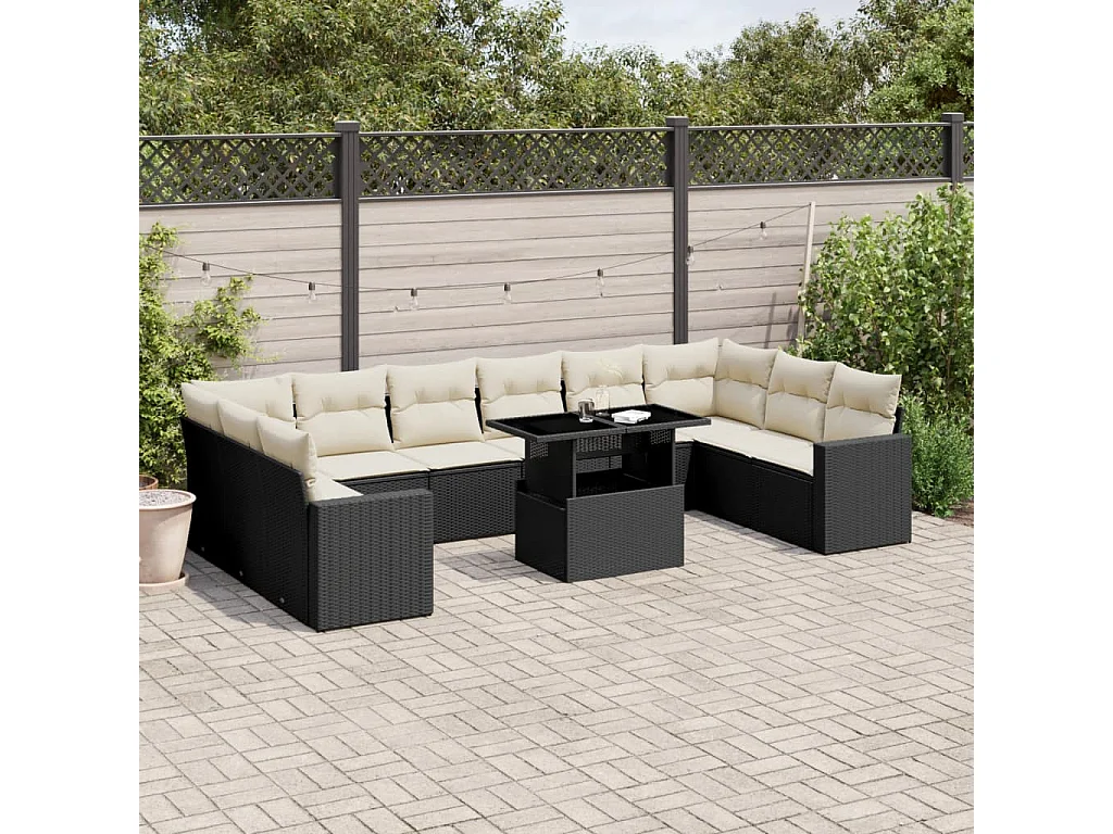 Salon de jardin 11 pcs avec coussins noir résine tressée