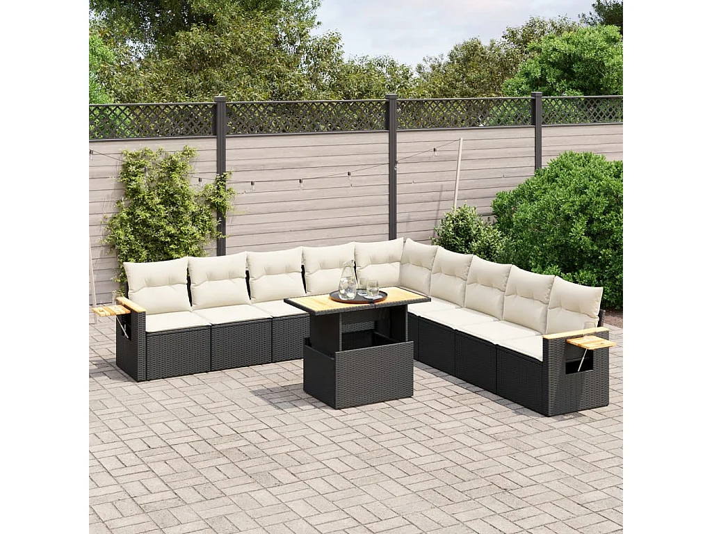 Salon de jardin 11 pcs avec coussins noir résine tressée