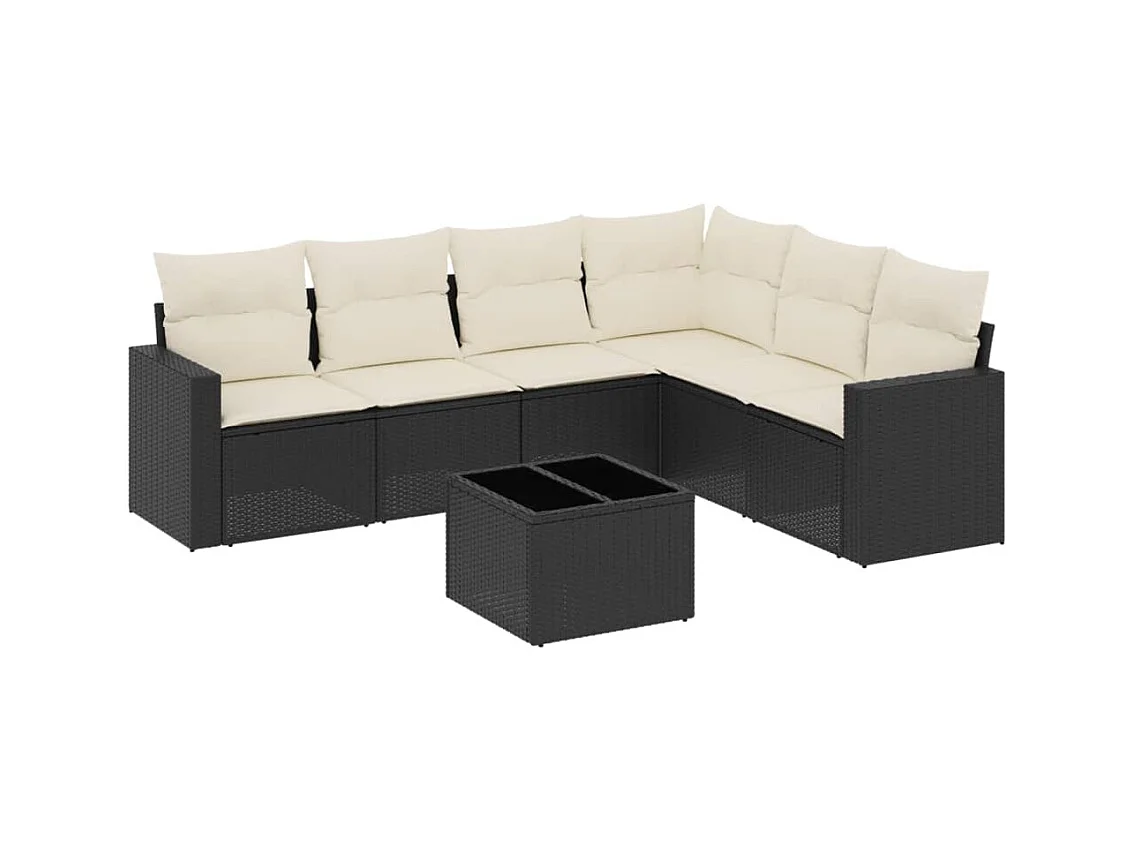 Salon de jardin 7 pcs avec coussins noir résine tressée