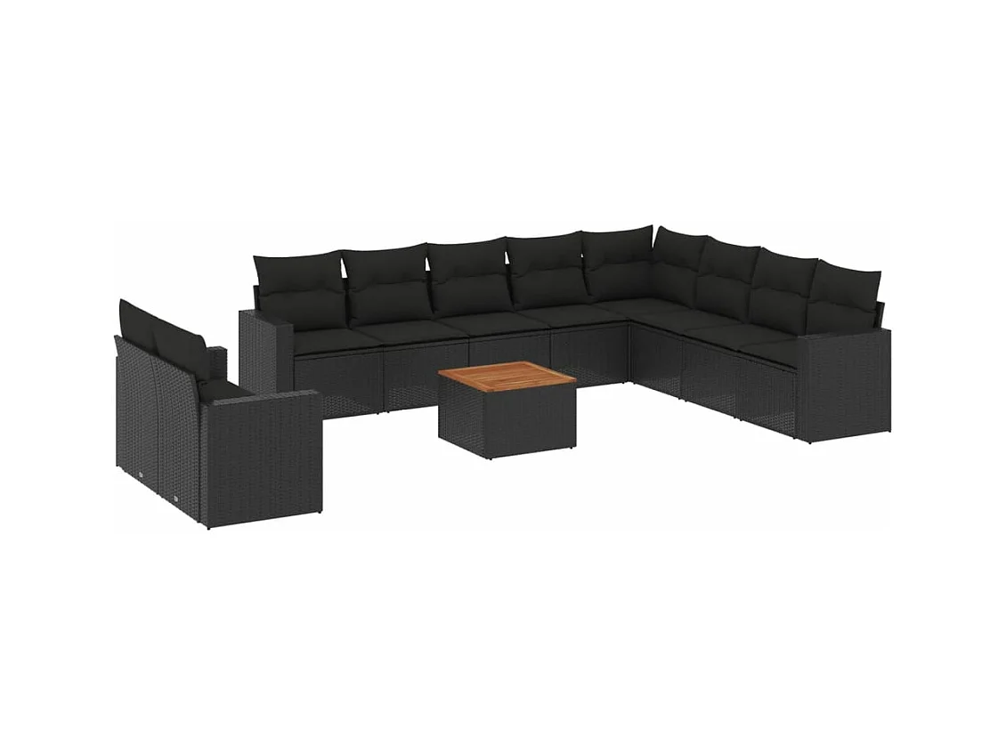 Salon de jardin 11 pcs avec coussins noir résine tressée