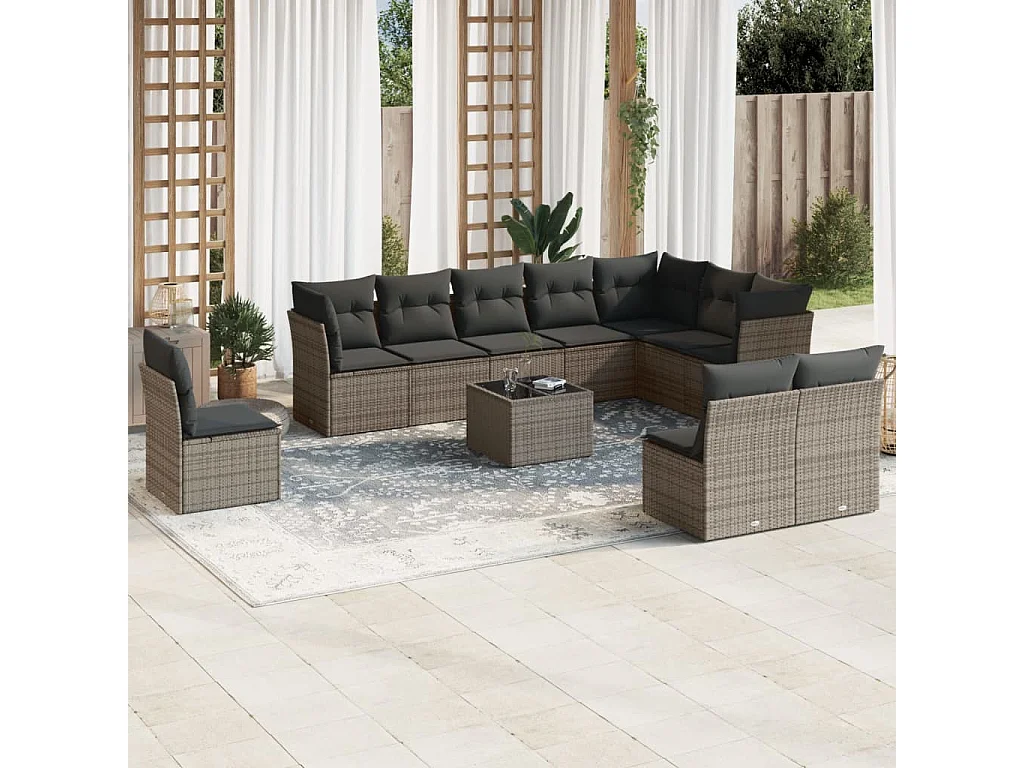 Salon de jardin 11 pcs avec coussins gris résine tressée