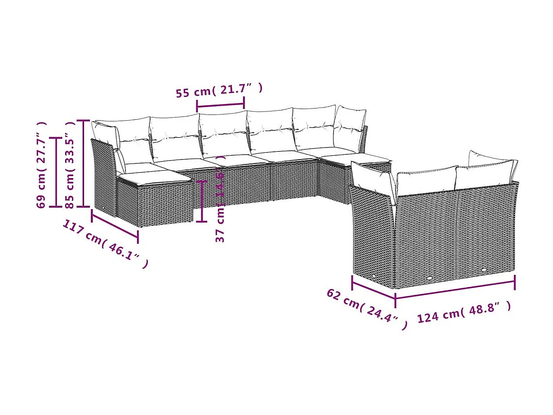 Salon de jardin avec coussins 9 pcs marron résine tressée