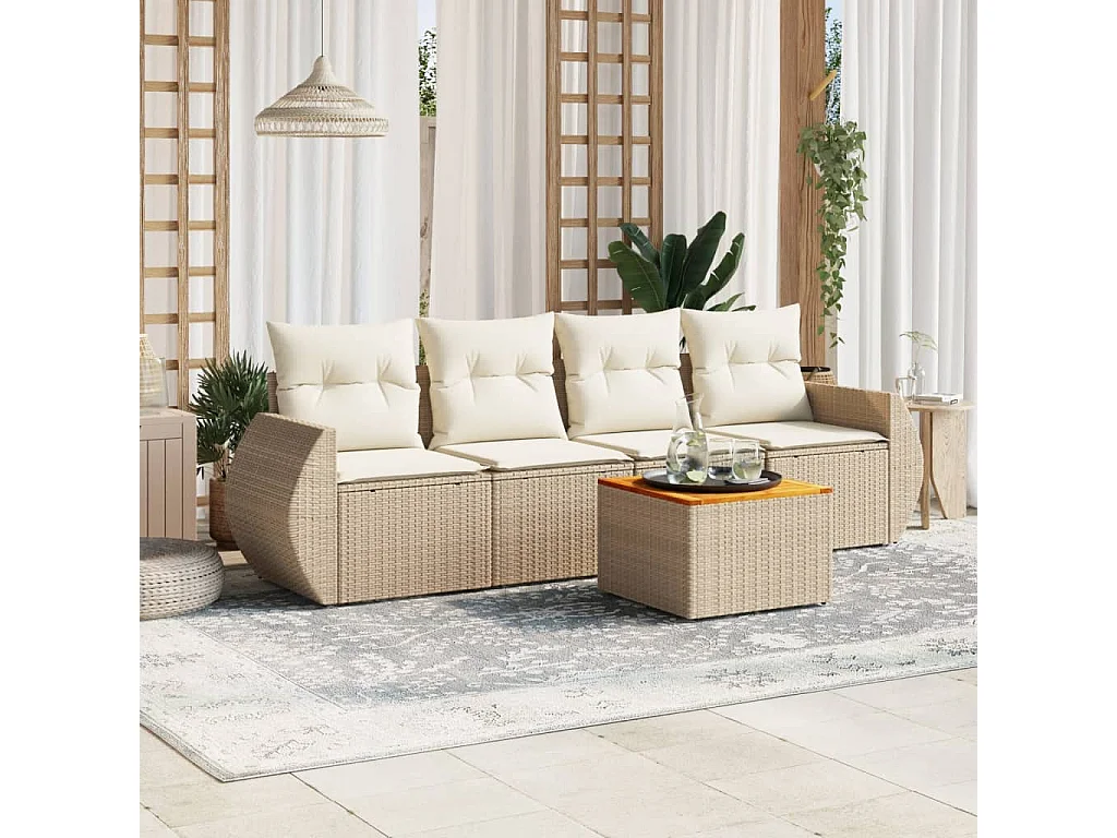 Salon de jardin avec coussins 5 pcs beige résine tressée