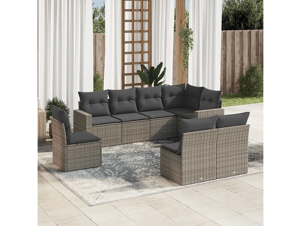 Salon de jardin 8 pcs avec coussins gris résine tressée