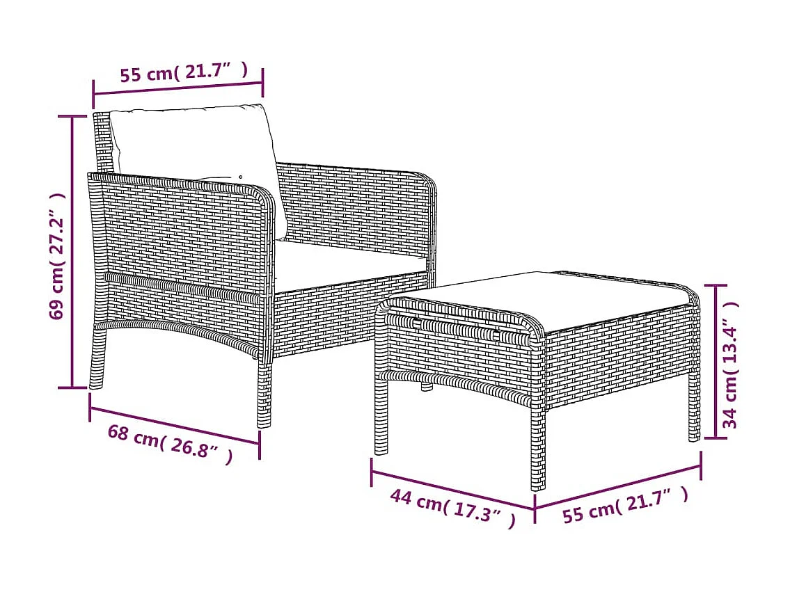 Salon de jardin 2 pcs avec coussins Gris Résine tressée