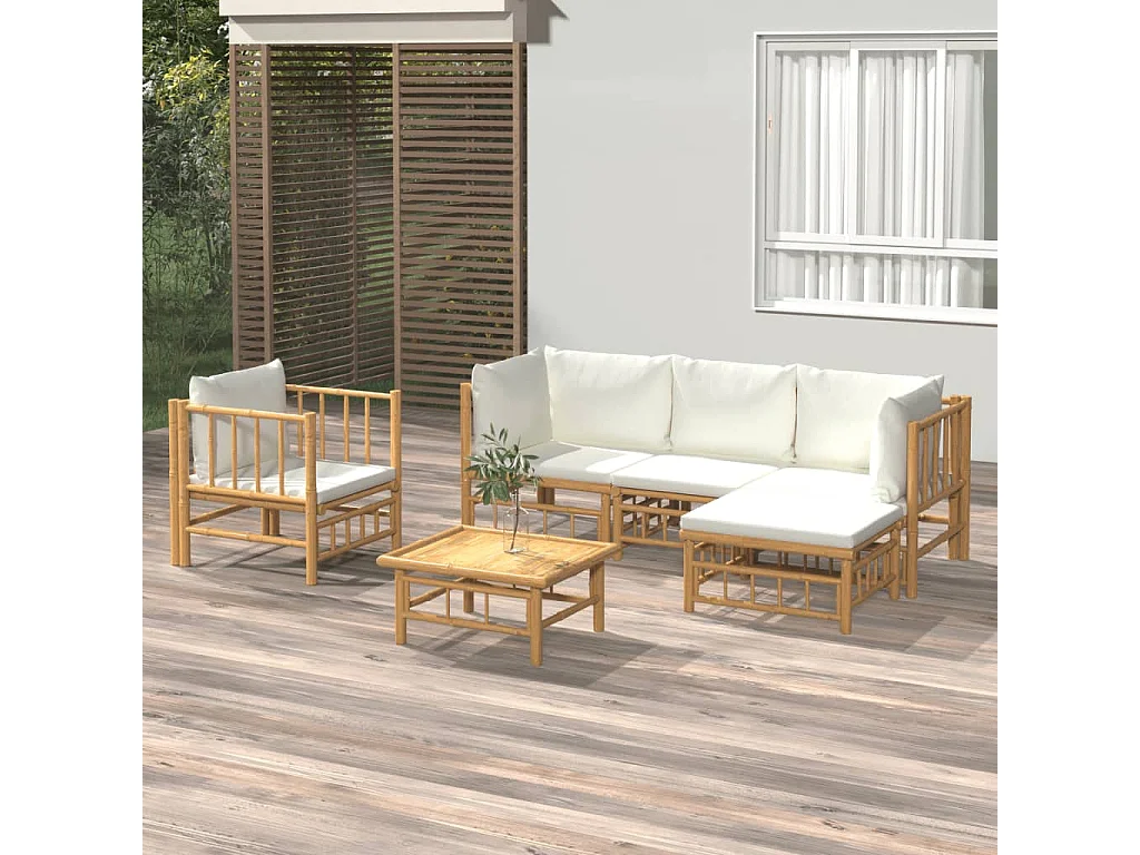 Salon de jardin 6 pcs avec coussins blanc crème bambou