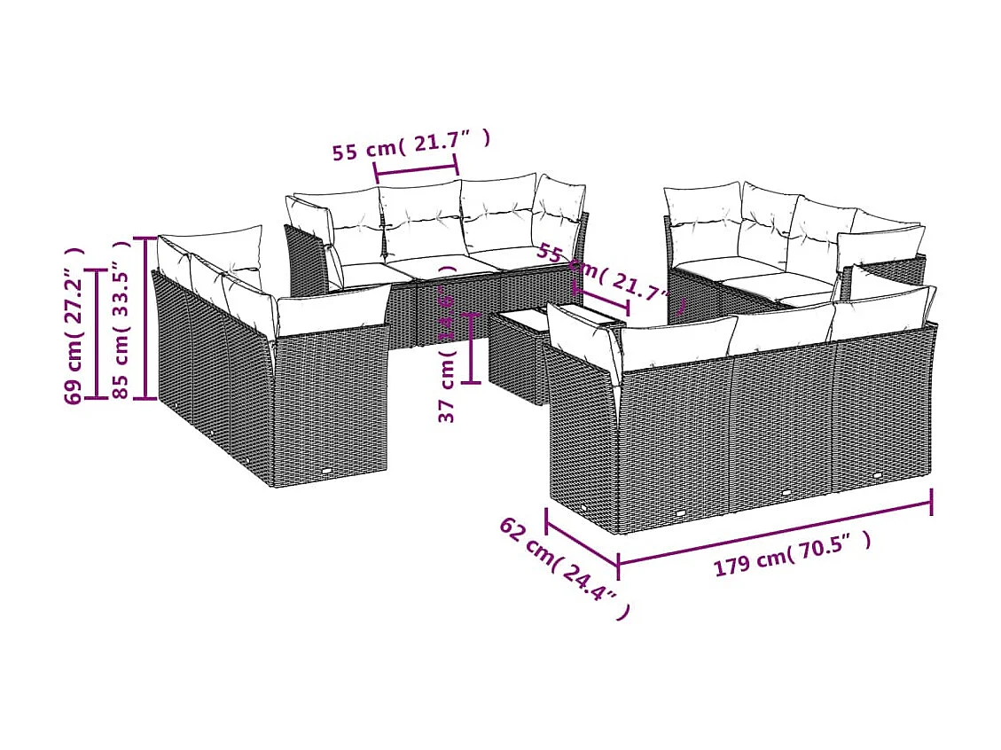 Salon de jardin avec coussins 13 pcs gris résine tressée