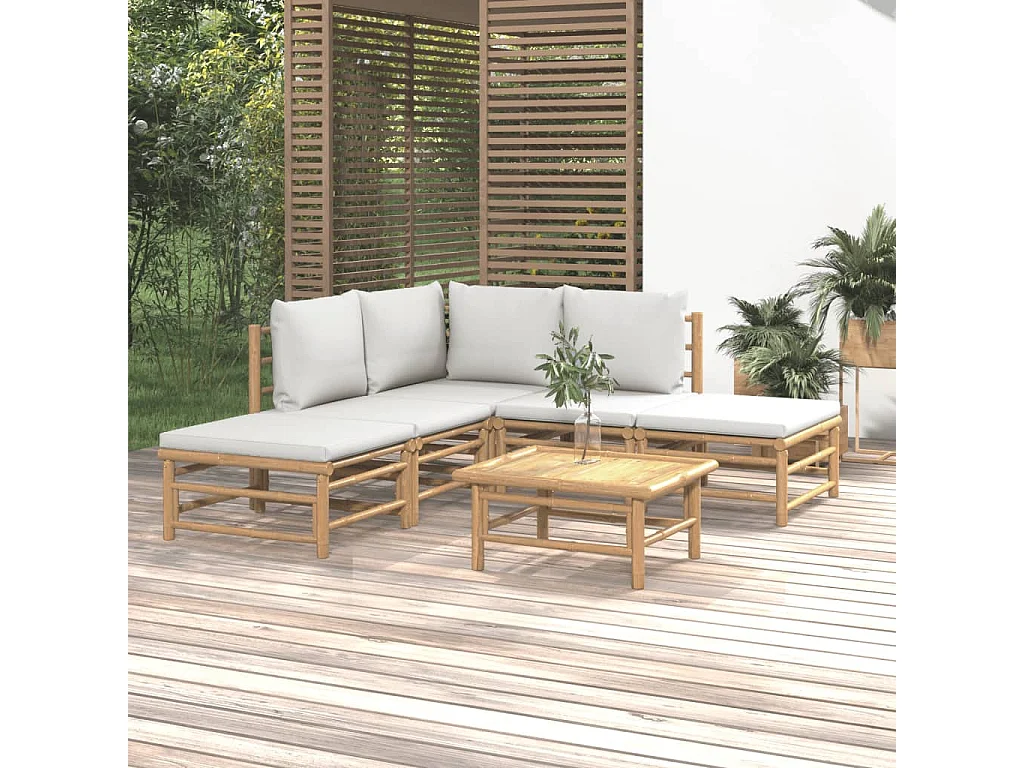 Salon de jardin 6 pcs avec coussins gris clair bambou