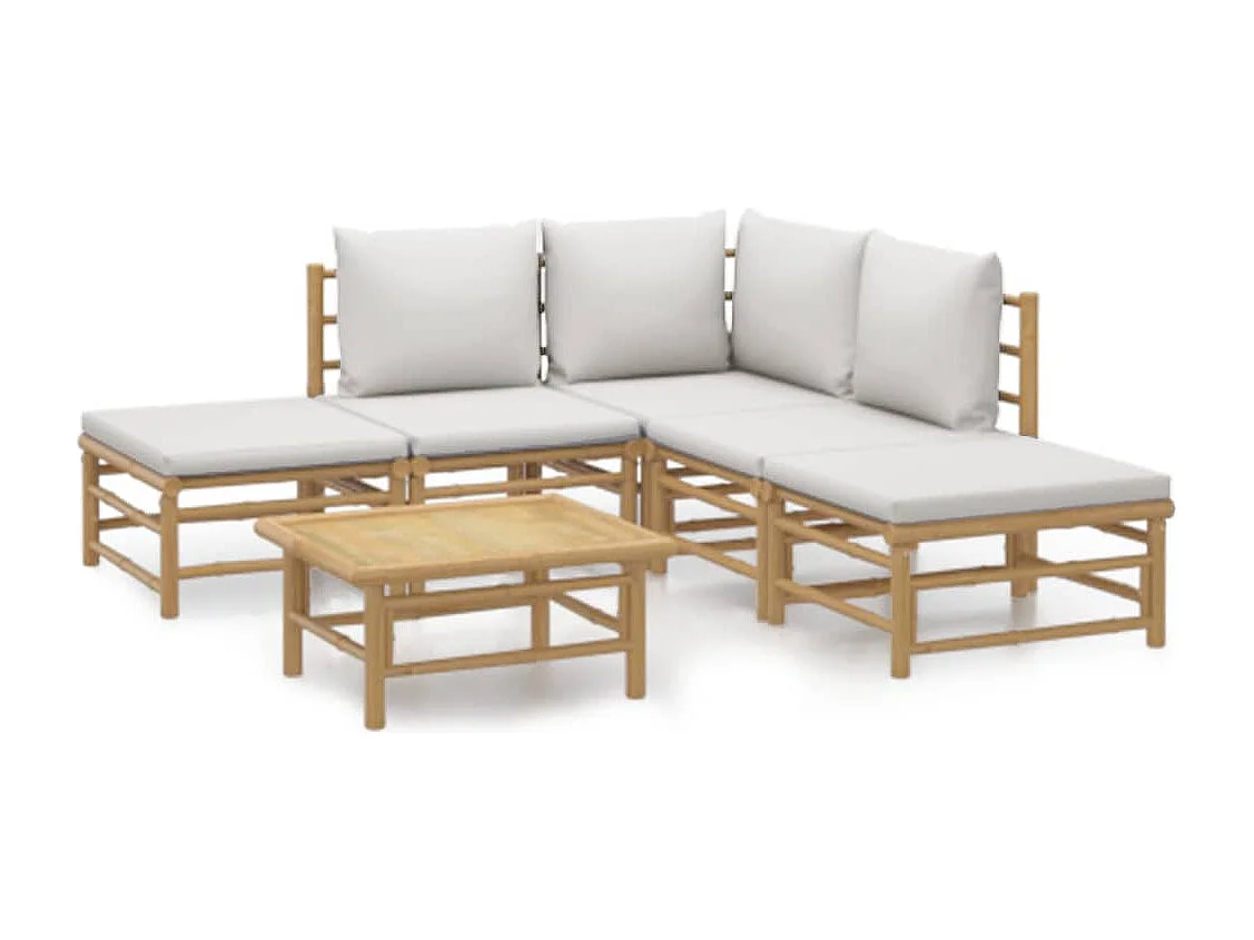 Salon de jardin 6 pcs avec coussins gris clair bambou