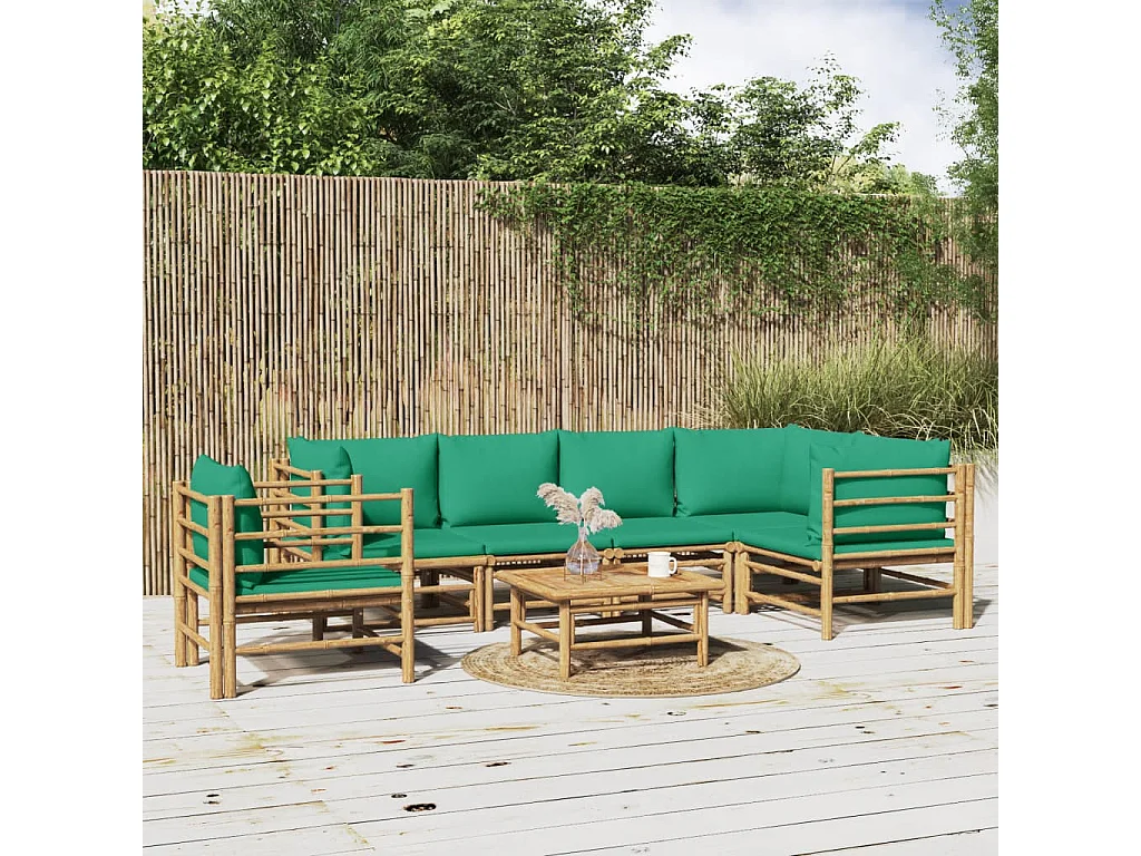Salon de jardin 7 pcs avec coussins vert bambou