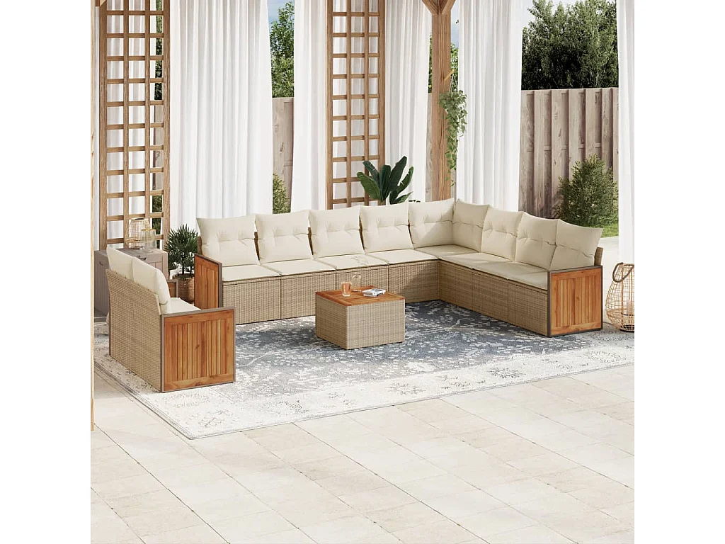 Salon de jardin 11 pcs avec coussins beige résine tressée