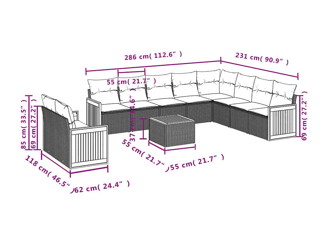 Salon de jardin 11 pcs avec coussins beige résine tressée