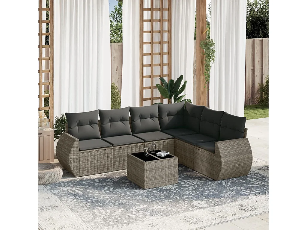 Salon de jardin avec coussins 7 pcs gris résine tressée