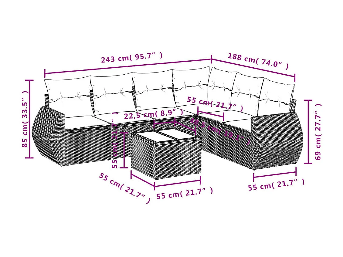 Salon de jardin avec coussins 7 pcs gris résine tressée