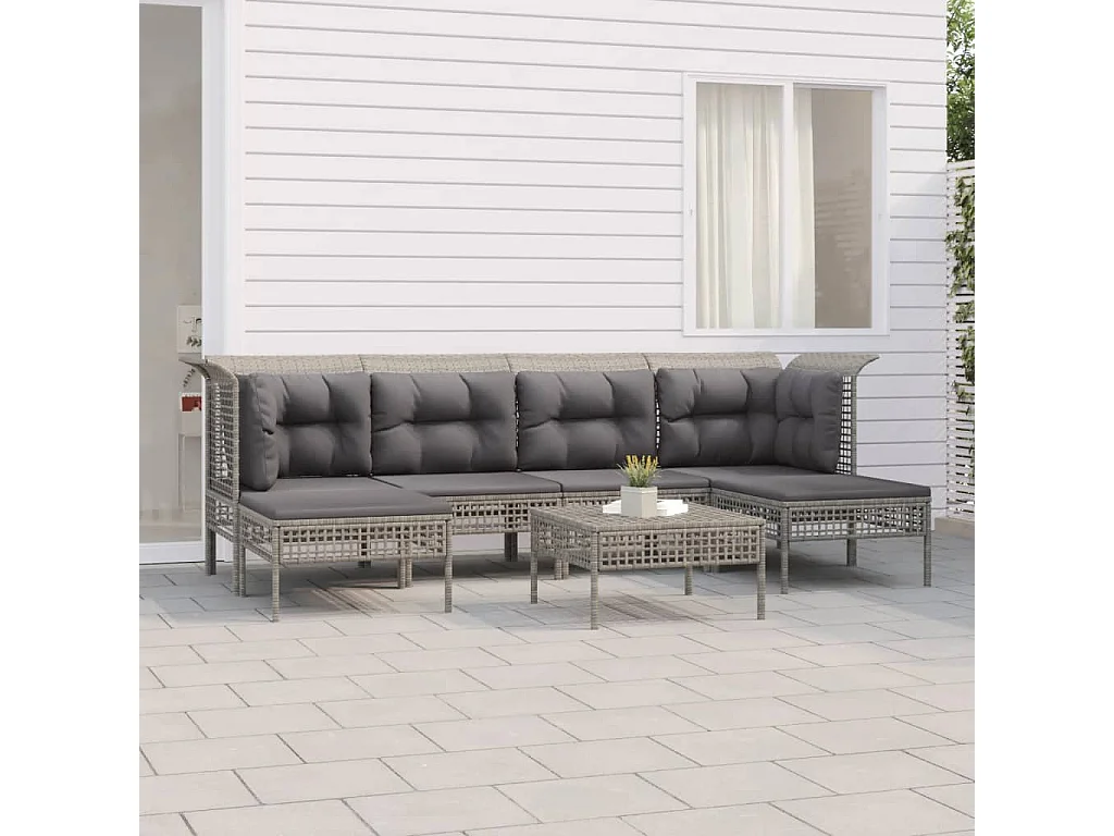 Salon de jardin 7 pcs avec coussins Gris Résine tressée