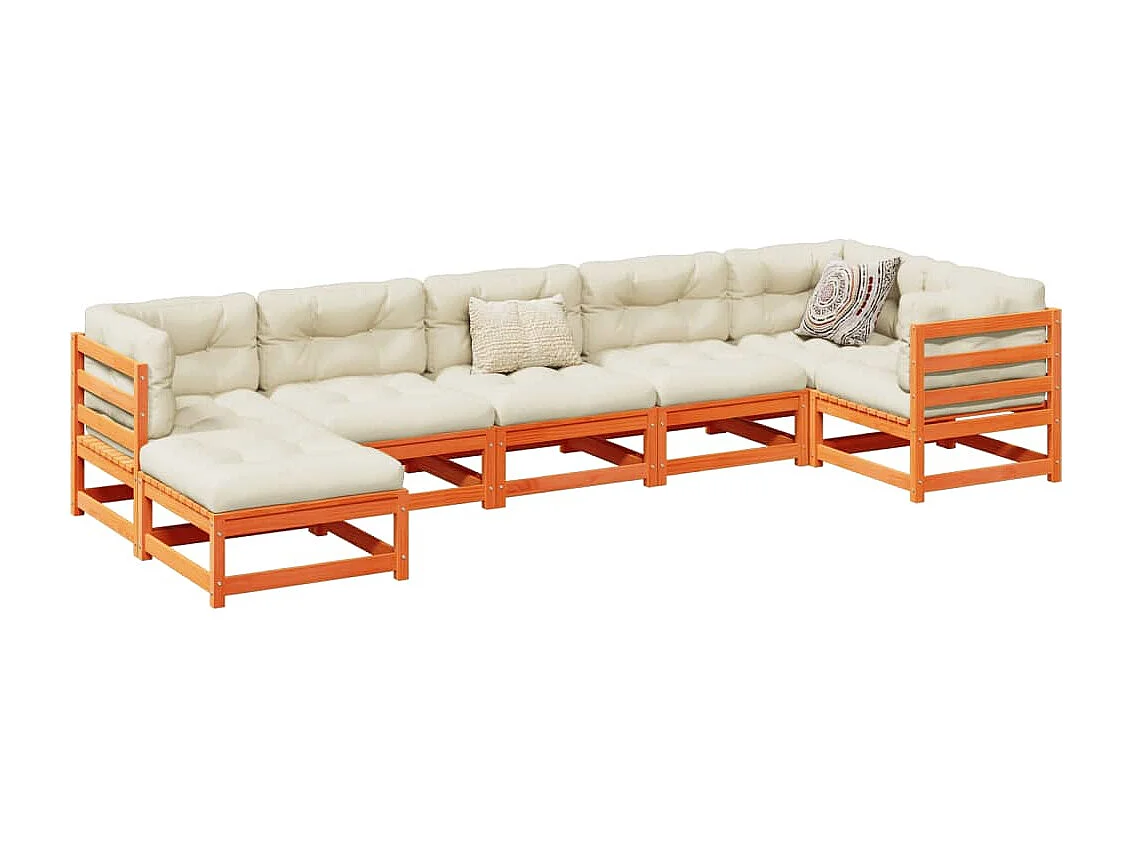 Salon de jardin 7 pcs avec coussins cire marron bois pin massif