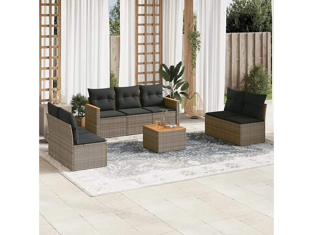 Salon de jardin 8 pcs avec coussins gris résine tressée