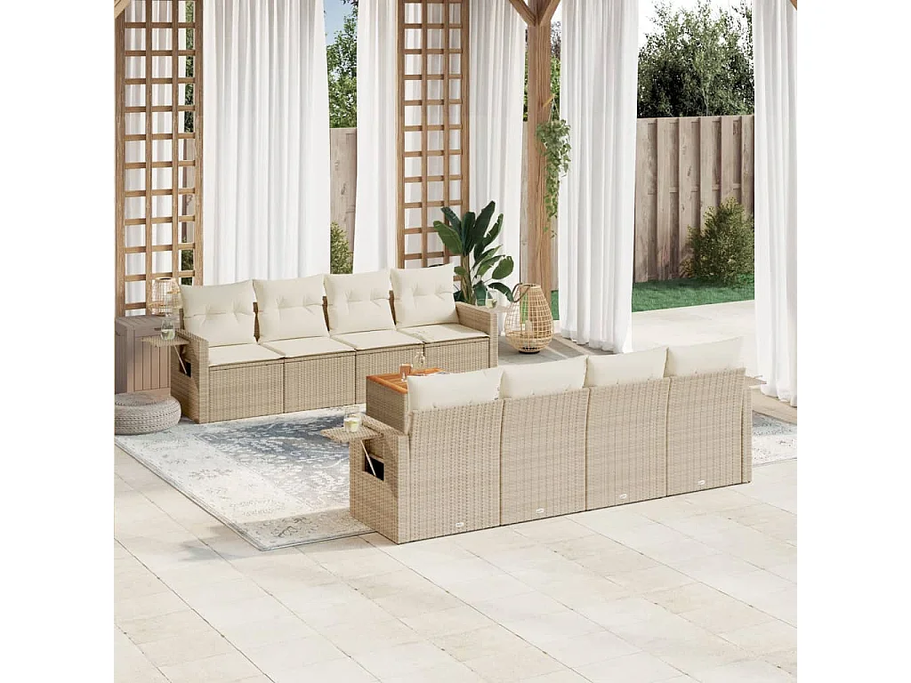 Salon de jardin avec coussins 9 pcs beige résine tressée