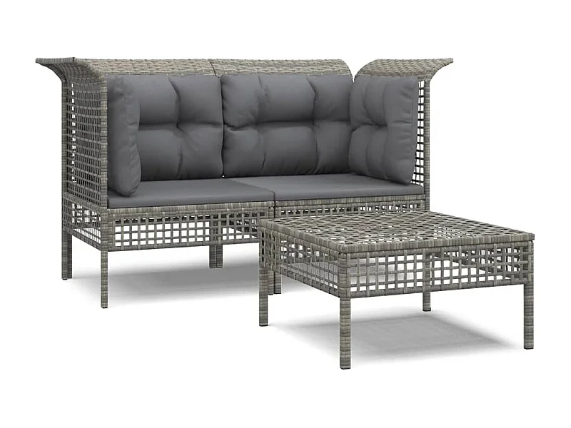 Salon de jardin 3 pcs avec coussins Gris Résine tressée