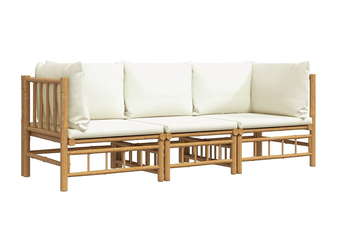 Salon de jardin 3 pcs avec coussins blanc crème bambou