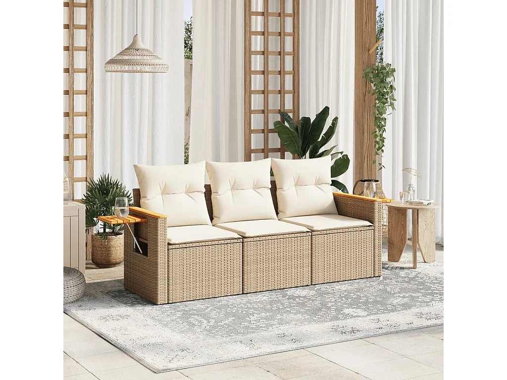 Salon de jardin avec coussins 3 pcs beige résine tressée