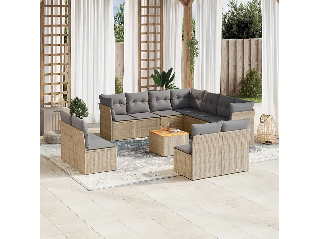 Salon de jardin avec coussins 12 pcs beige résine tressée