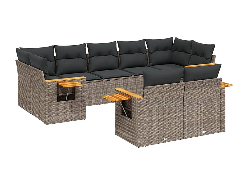 Salon de jardin 9 pcs avec coussins gris résine tressée
