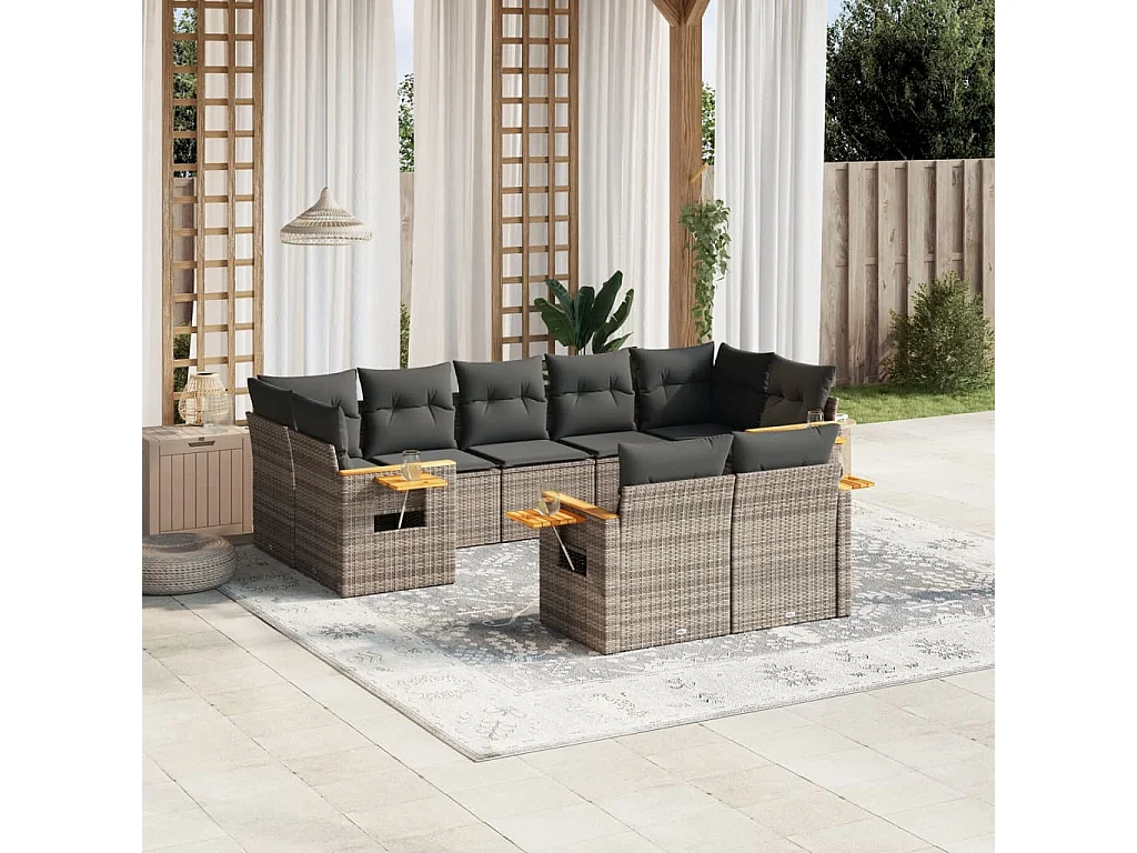 Salon de jardin 9 pcs avec coussins gris résine tressée