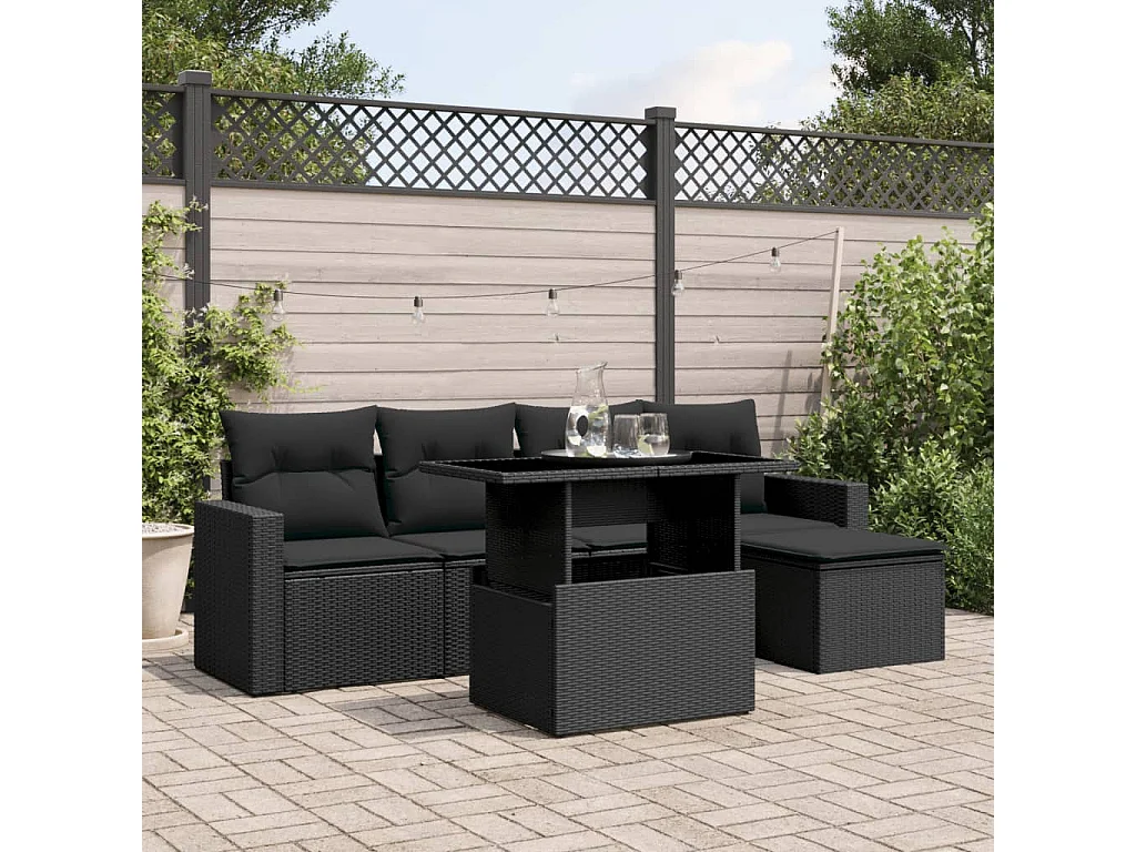 Salon de jardin 6 pcs avec coussins noir résine tressée