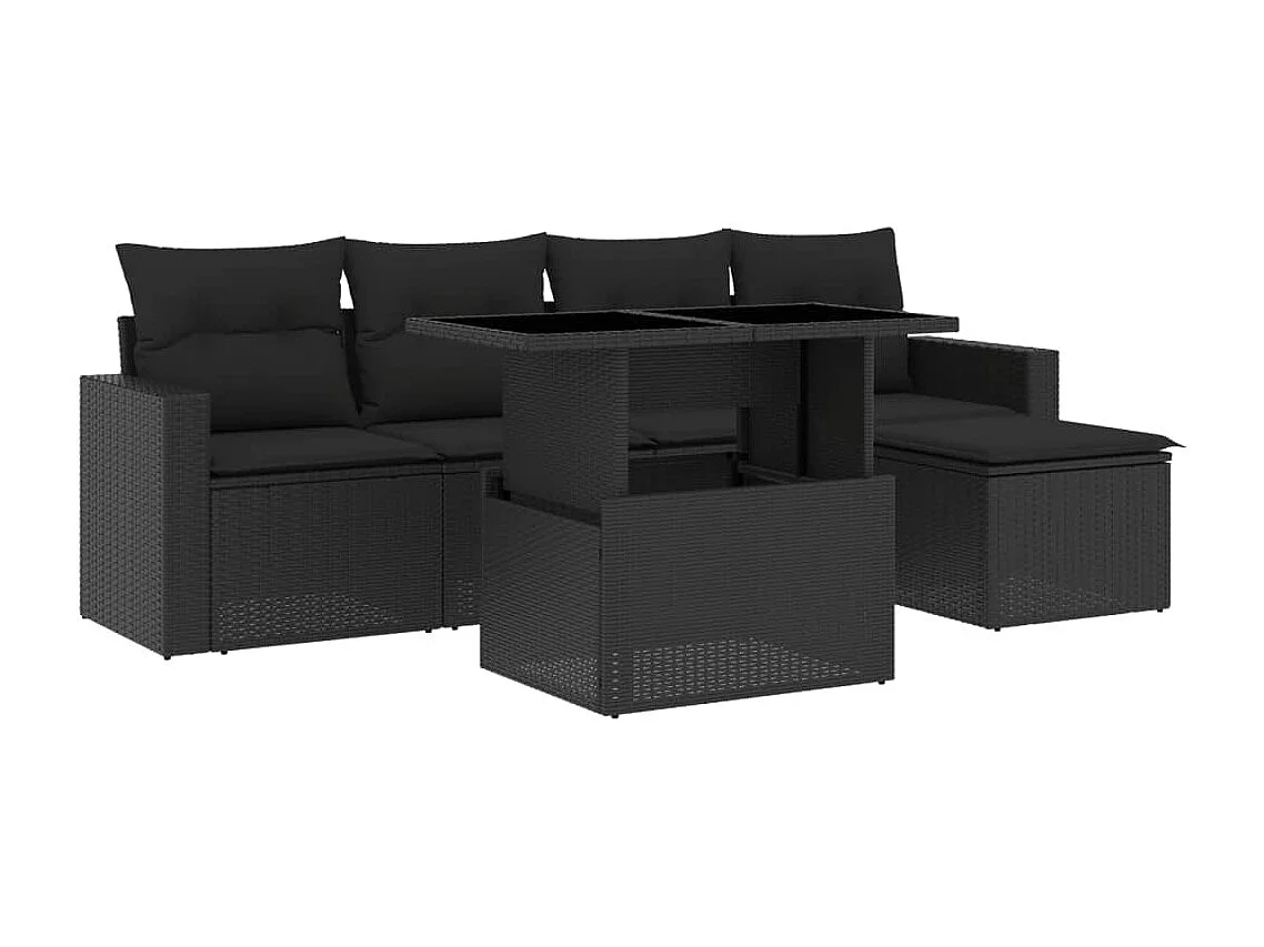 Salon de jardin 6 pcs avec coussins noir résine tressée