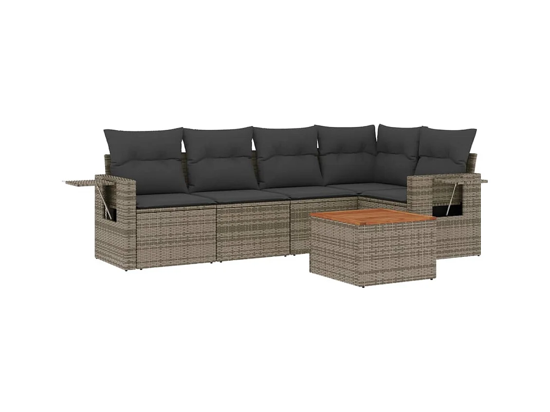 Salon de jardin 6 pcs avec coussins gris résine tressée