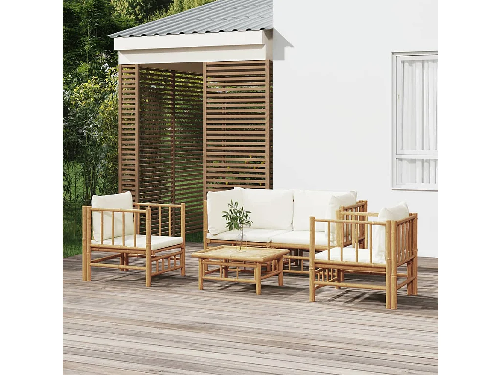 Salon de jardin 5 pcs avec coussins blanc crème bambou