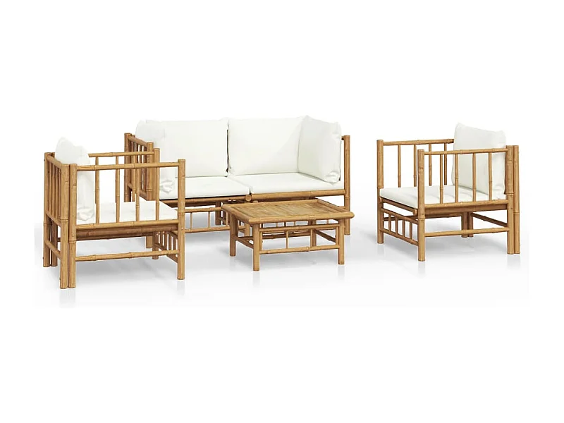 Salon de jardin 5 pcs avec coussins blanc crème bambou