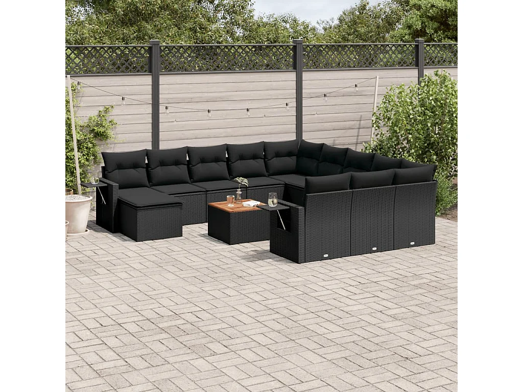 Salon de jardin avec coussins 13 pcs noir résine tressée