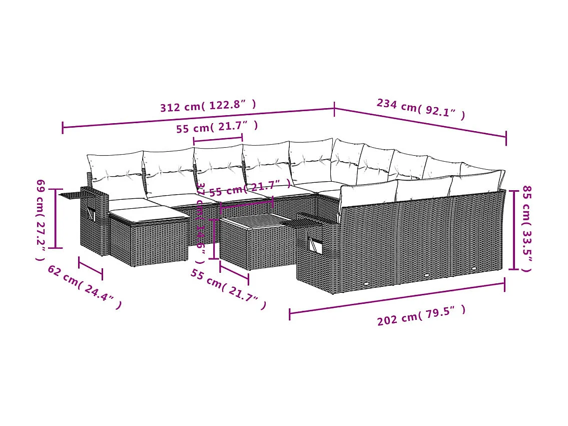 Salon de jardin avec coussins 13 pcs noir résine tressée