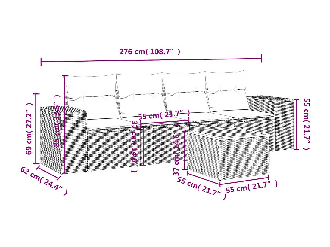Salon de jardin 5 pcs avec coussins gris résine tressée