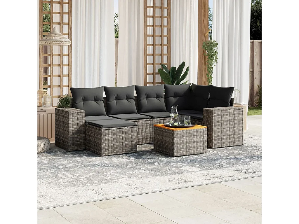 Salon de jardin avec coussins 7 pcs gris résine tressée