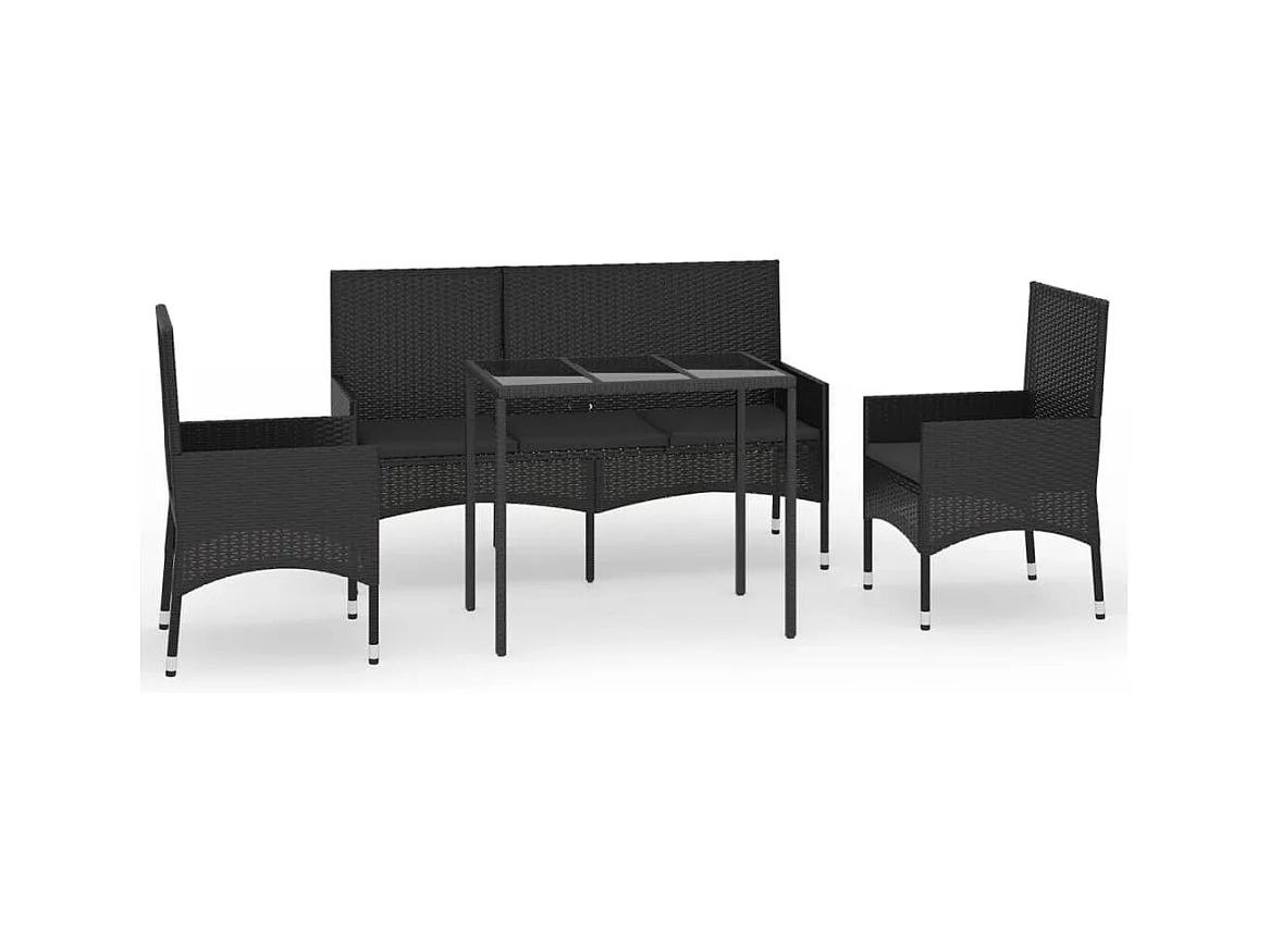 Salon de jardin 4 pcs avec coussins Noir Résine tressée