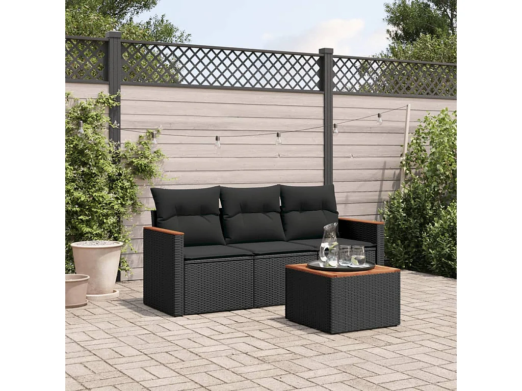 Salon de jardin 4 pcs avec coussins noir résine tressée