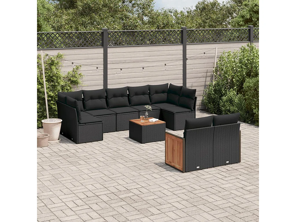Salon de jardin 10 pcs avec coussins noir résine tressée