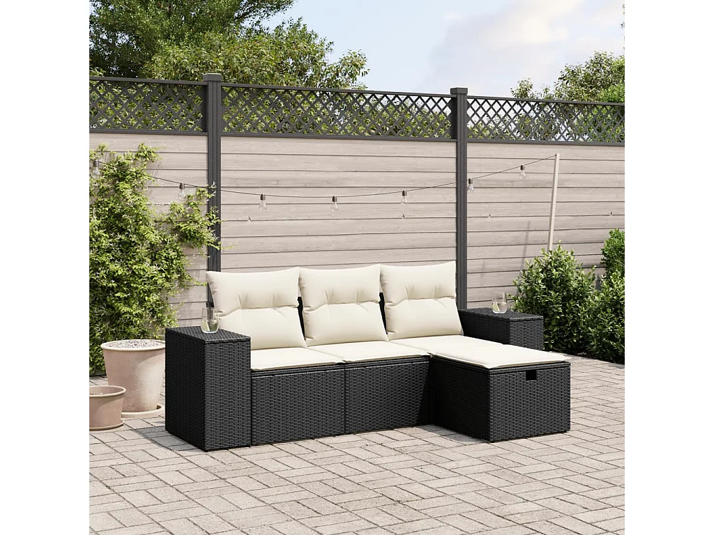 Salon de jardin 4 pcs avec coussins noir résine tressée