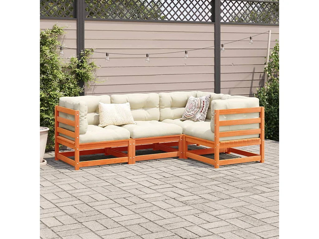 Salon de jardin 4 pcs avec coussins cire marron bois pin massif